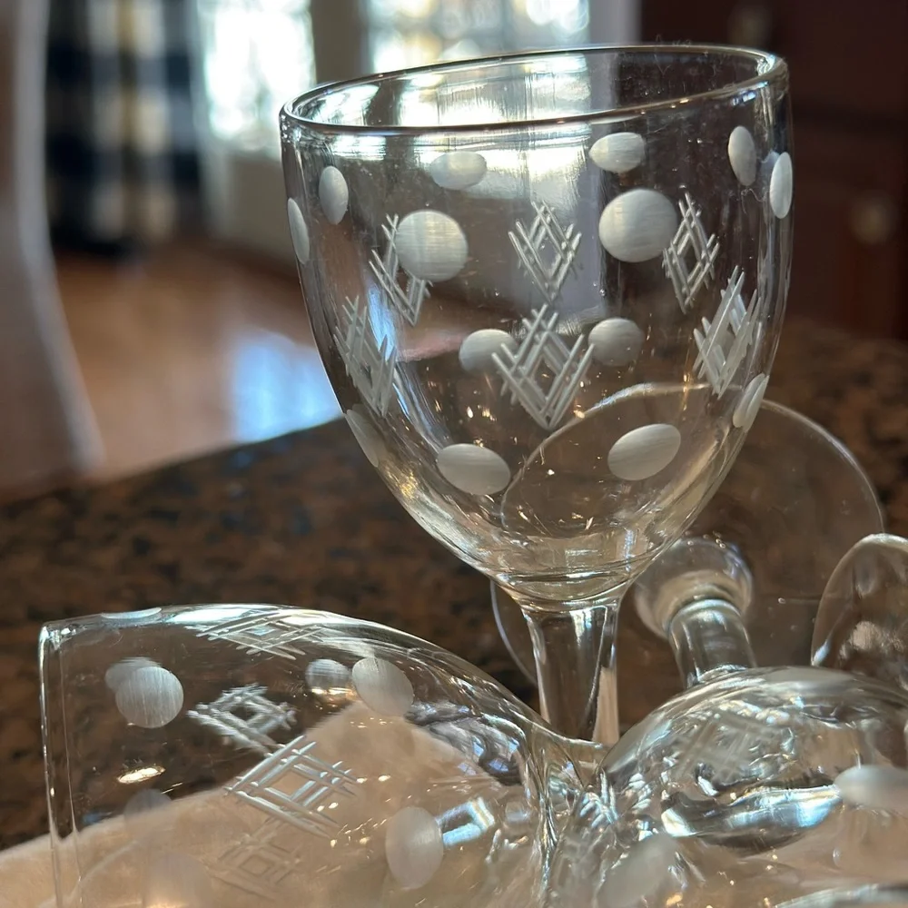 Standard Glass Co Criss Cross and Punties Etched Wine Goblets Set of 3